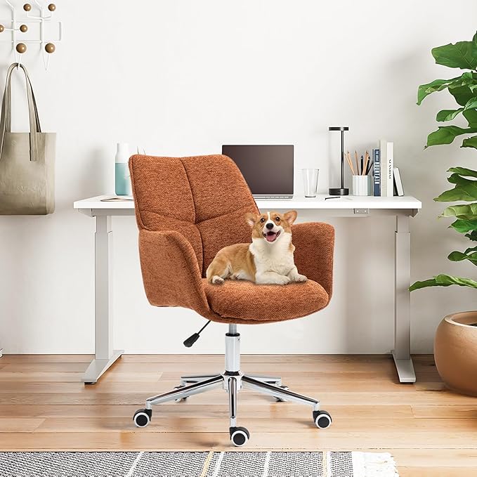 Home Office Desk Chair Swivel Ergonomic Computer Chair with Rolling Wheels, Adjustable Height Accent Armchair Upholstered Chenille for Living Room, Home Office, Study, Make Up, Orange