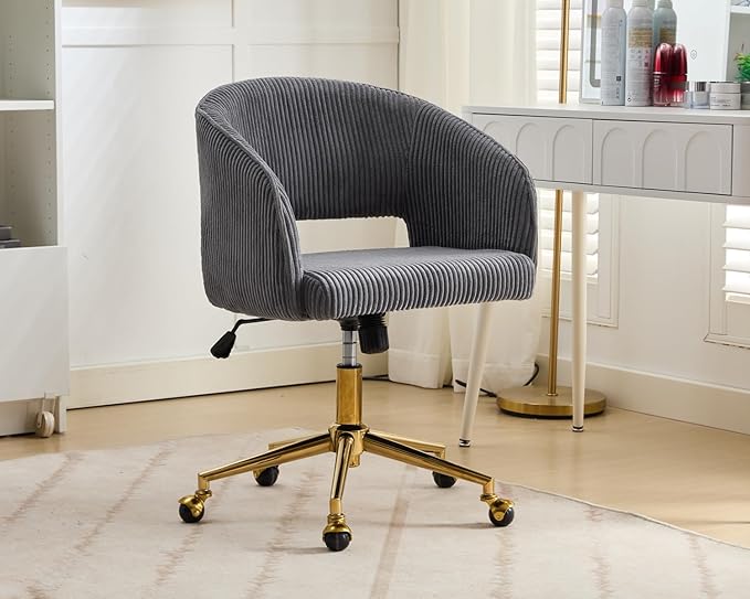 Home Office Chair Swivel Corduroy Fabric Desk Chair Accent Armchair Upholstered Modern Tufted Chairs with Gold Base for Girls Women Ergonomic Study Seat Computer Task Stools for Living Room(Gray)