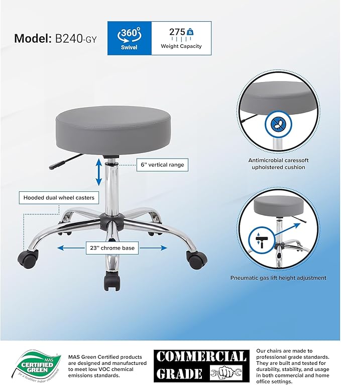 Boss Office Products Adjustable Upholstered Medical Stool in Grey (B240-GY)