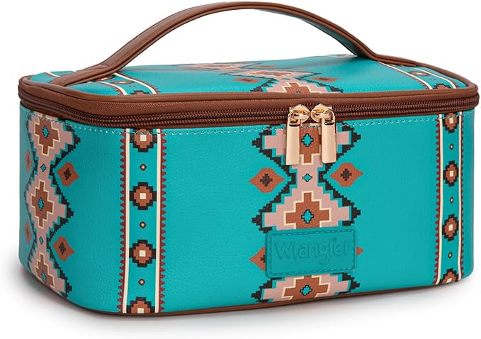 Montana West X Wrangler Travel Makeup Bag 2pcs Set Large Cosmetic Bag with Makeup Brush Holder Portable Make Up Organizer Cute Toiletry Bag with Divider and Handle for Women Aztec