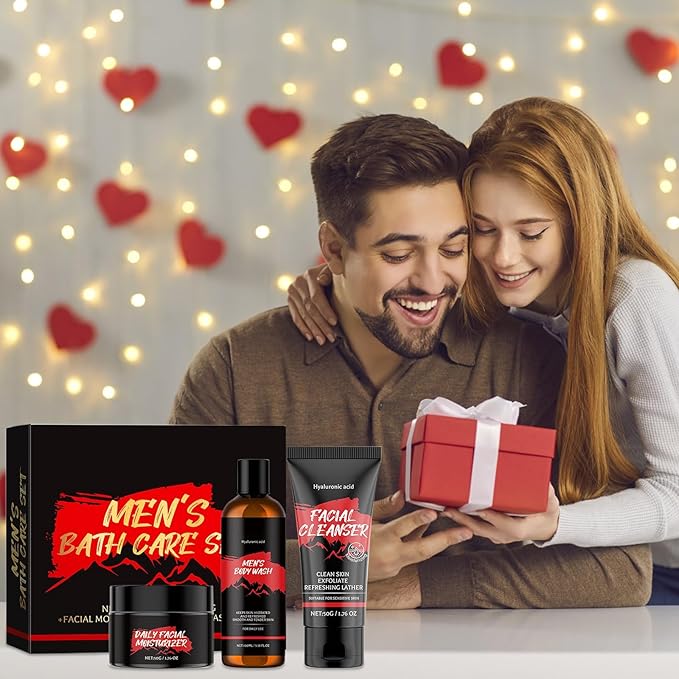 Bath and Skin Care Gift Set for Men, 3 Pieces Nourishing Facial and Body Care Kit Includes Face Wash, Shower Gel, Moisturizer, Valentines Fathers Day Birthday Gifts for Husband Dad Boyfriend Him