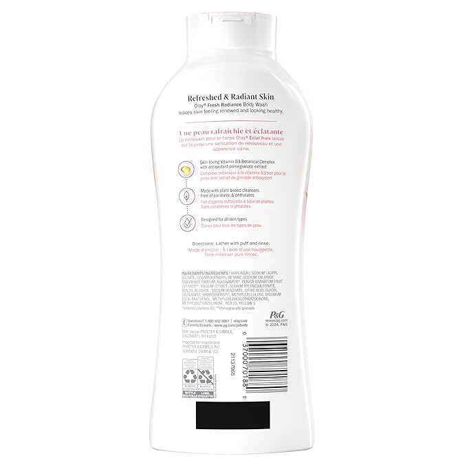 Olay Body Wash for Women, Fresh Radiance, Refreshing & Renewing, Made with Plant Based Cleansers, B3 Botanical Complex, For All Skin Types, Watermelon & Agave Scent, 22 fl oz (Pack of 4)