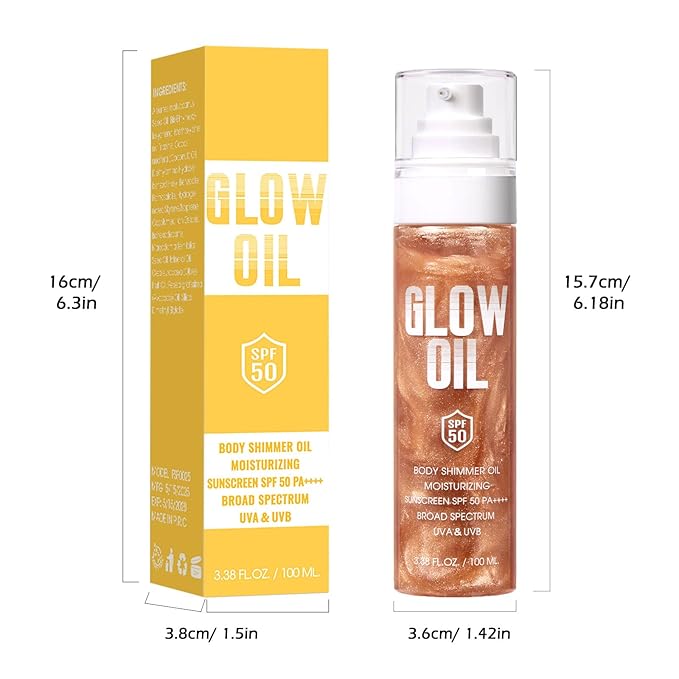 Body Glow Oil, Broad Spectrum SPF 50, Glitter Shimmer Sunscreen Body Oil Lotion with Sequin Mica, Lightweight Non-Sticky Moisturizer with Coconut, Skin Illuminator Glowing Results (02# Rose Gold)
