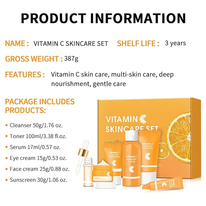 Skin Care Set, Vitamin C Facial Kit for Women, Face Skin Care Kit with Facial Cleanser, Face Serum, Face Cream, Eye Cream, Toner, Sunscreen for Hydrating Skin