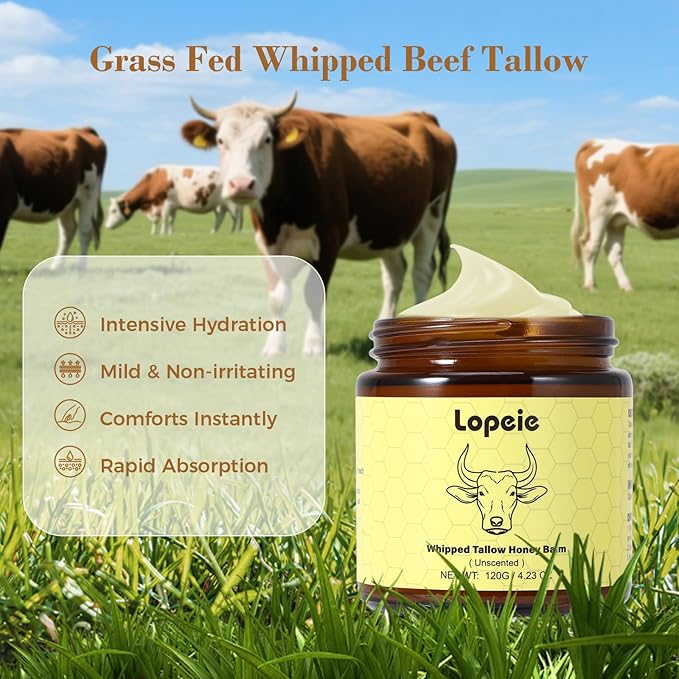 Beef Tallow for Skin - Organic Grass Fed Whipped Moisturizer with Honey Balm, Natural Hydrating Cream for Face & Body, Relief for Dry & Sensitive Skin (4.23oz, Unscented)