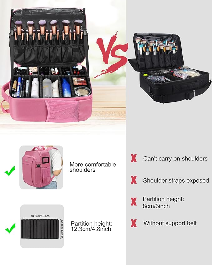 Relavel Makeup Backpack, Professional Travel Train Case Makeup Artist Kit Set Bag for Women Extra Large Cosmetic Organizer, Brush Storage Holder, with Adjustable High Dividers, Rose Pink