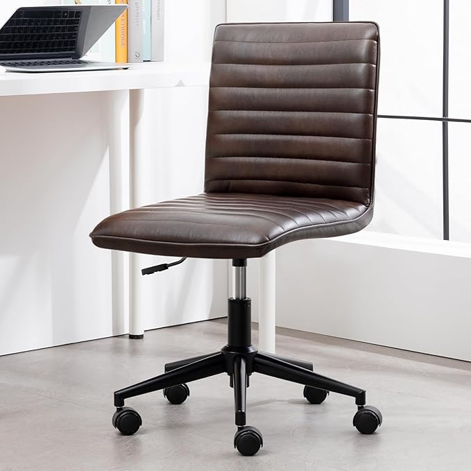 Furniliving PU Leather Office Desk Chair, Armless Vanity Chair with Wheels 360° Swivel Mid Back Height Adjustable, Computer Rolling Chairs with Gold Metal Base Stool, Black Brown