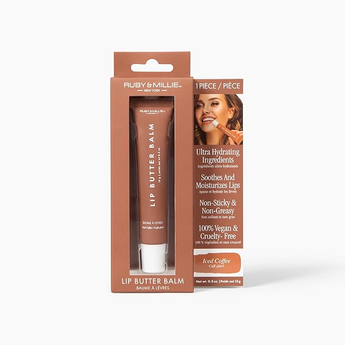 Ruby & Millie Tinted Lip Balm Ice Coffee - Hydrating Moisturizing Lip Butter Balm Treatment - Glossy Vegan Lipbalm 0.5 Oz