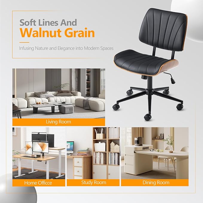 VINGLI Wide Curved Seat&Back Armless Home Office Chair,Ergoromic Adjustable-Height Desk Chair,Swivel&Tilting Function,Stylish Walnut Task Chair for Meeing Room,Dining Room,PU, Black