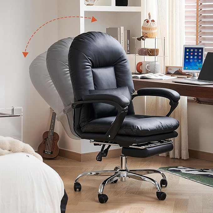 EMIAH Office Chair with Foot Rest Criss Cross Chair with Wheels Ergonomic Reclining Executive Office Chair Mid Back Genuine Leather Swivel Computer Chairs Lumbar Support for Home Office (Black)