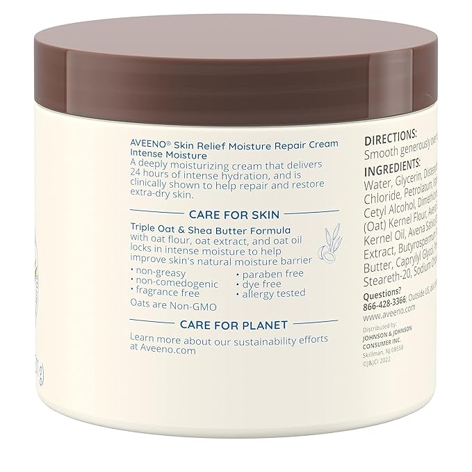 Aveeno Skin Relief Intense Moisture Repair Body Cream with Triple Oat & Shea Butter Formula, Helps Relieve & Restore Extra-Dry Skin with Long-Lasting Moisture, Fragrance-Free, 11 oz- Pack of 2