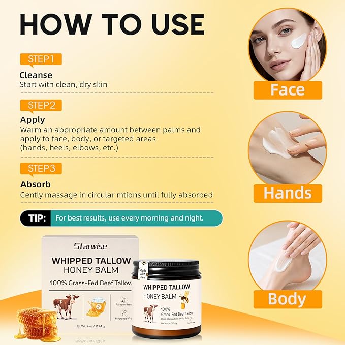Beef Tallow for Skin, 100% Grass-Fed Whipped Beef Tallow and Honey Balm, Moisturizer for Face & Body, Natural Formula with Organic Jojoba Oil, Shea Butter for Dry, Sensitive Skin, 4 Oz