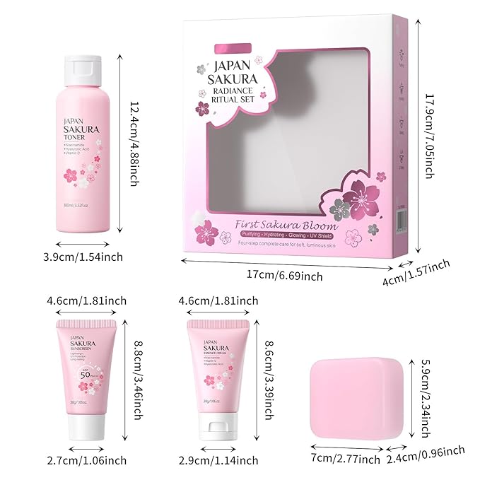 Cherry Blossom Skin Care Set, 4-Piece Skincare Gift Set for Women & Teens Girls Includes Handmade Face Soap , Toner, Essence Cream, SPF 50 Sunscreen with Rice Extract & Vitamin C All Skin Types