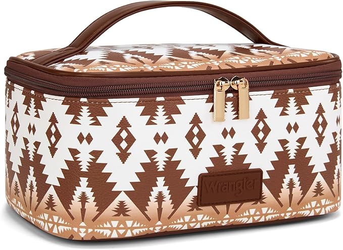 Montana West X Wrangler Travel Makeup Bag 2pcs Set Large Cosmetic Bag with Makeup Brush Holder Portable Make Up Organizer Cute Toiletry Bag with Divider and Handle for Women Aztec
