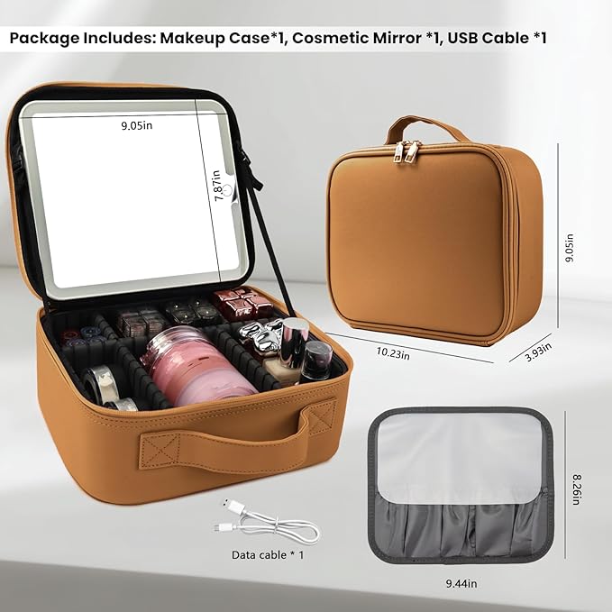 Makeup Bag with Led Mirror,Portability Cosmetic Case Portable Cosmetic Brush Organizer Bag with Adjustable Dividers,Gift for Women,Girls Gift (Light Brown)