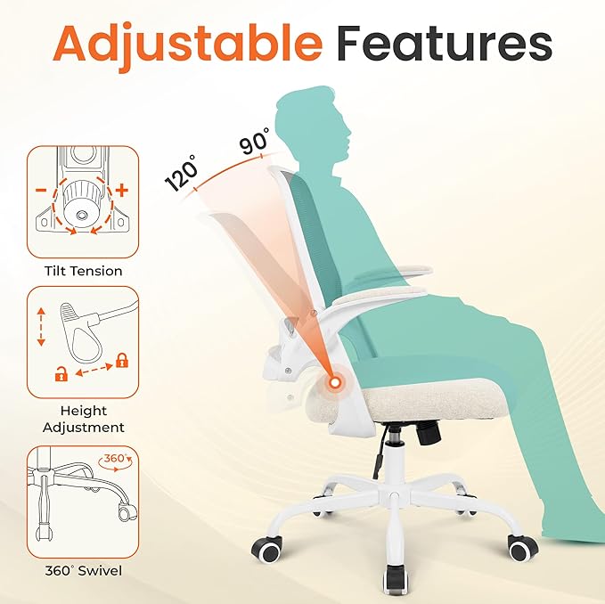 NEO Chair Office Chair Gaming Desk Computer Mesh Ergonomic Chair with Flip-up Arms Comfy Lumbar Support Adjustable Height Rolling Wheels Chair for Home Office (Ivory)