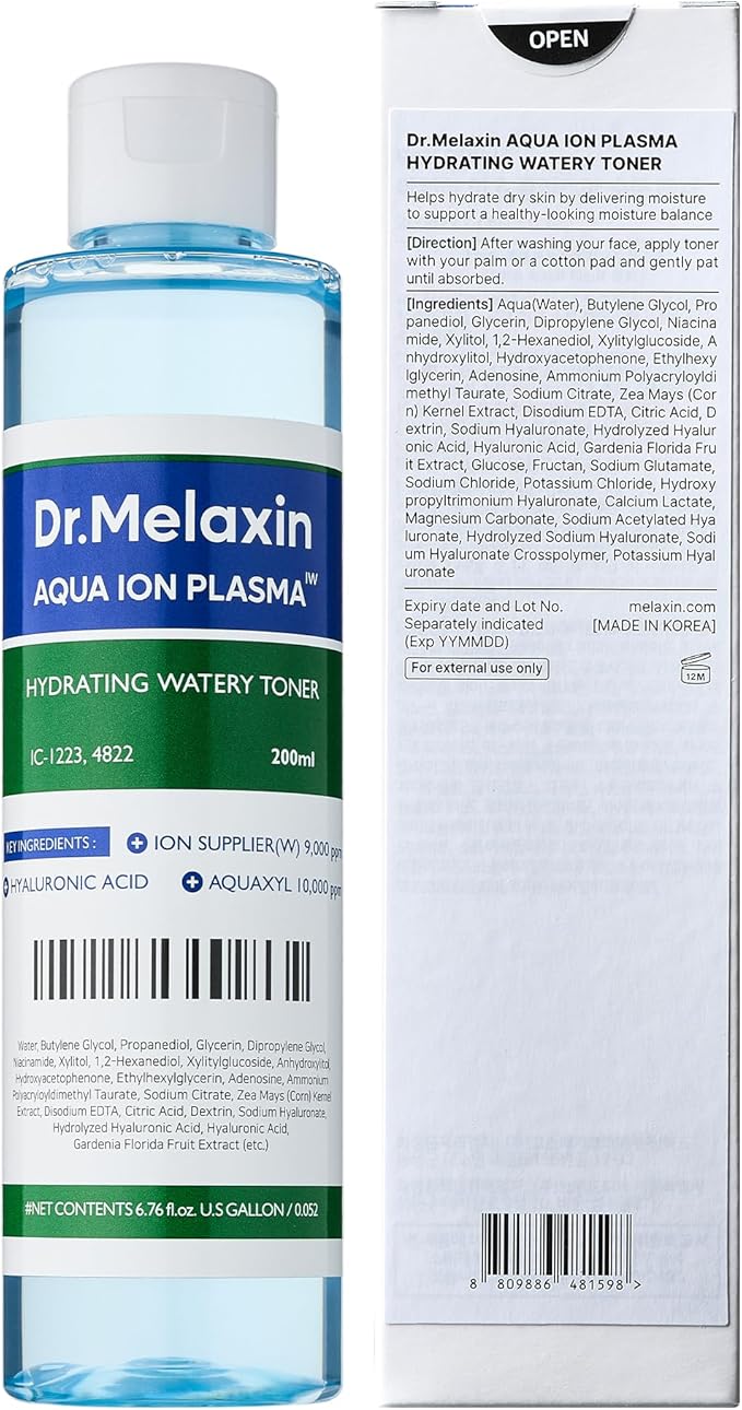 DR.MELAXIN Aqua Ion Plasma Watery Toner 200ml / 6.76 fl oz, Hyaluronic Acid, L22, moisturizing, Korean Skincare