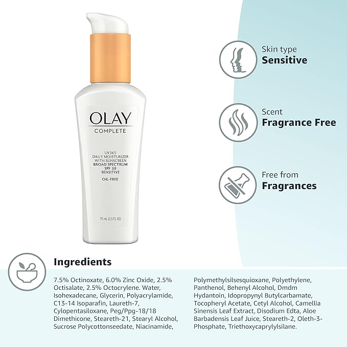 Olay Face Moisturizer, Complete with Sunscreen SPF 30, Fragrance-Free for Sensistive Skin, Broad Spectrum Sun Protection, Long-Lasting Hydration, Non-Comedogenic - Vitamin E & Aloe - 2.5 Oz - 4 Pack