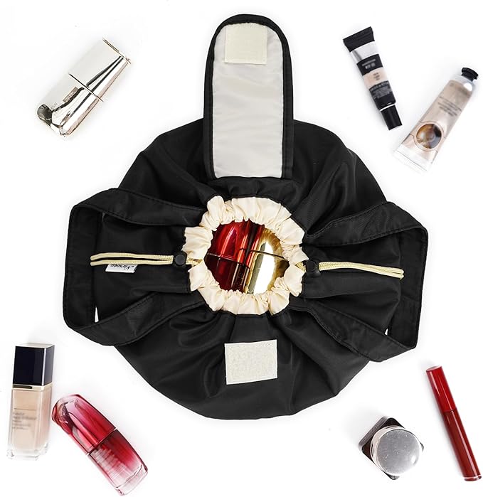 Narwey Lay Flat Open Drawstring Makeup Bag, Large Cosmetic Bag for Women Girls, Cute Make up Bags with Handle, Portable Travel Toiletry Bag for Skincare, Brushes & Travel Essentials (Black)