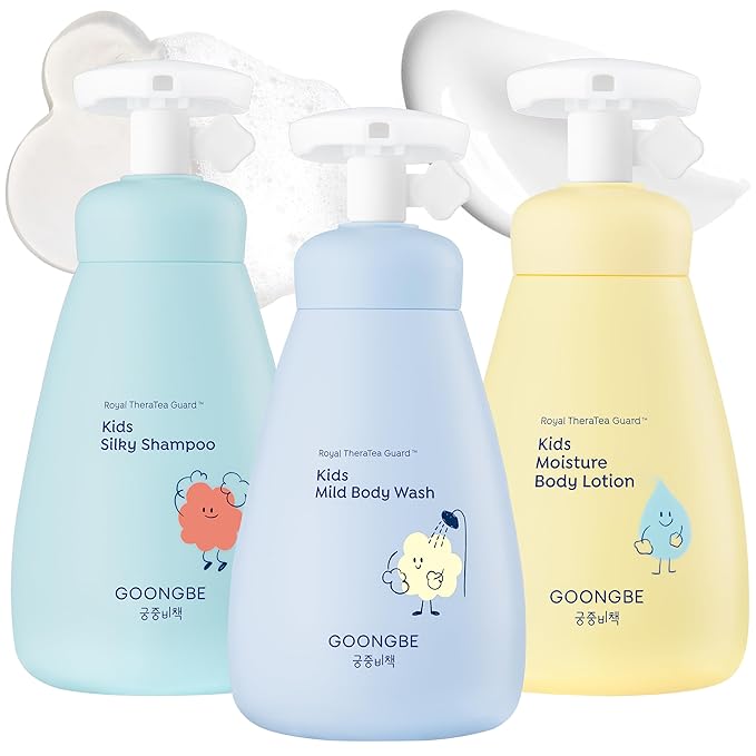 GOONGBE Kids Hair & Body Care Set - Korean Shampoo, Body Wash & Lotion Bundle - Gentle Hydrating Low pH Formula with Cica, Panthenol & Macadamia Oil - Allergen-Free for Sensitive Skin, 3-Piece