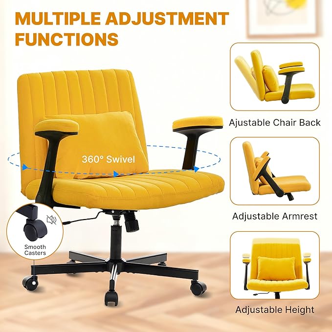 Ergonomic Cross Legged Chair with Wheels,360° Swivel Meditation Chair,ADHD Chair, Criss Cross Desk Chair with Lumbar Support and Adjustable Stool, (Wide seat Cushion, Yellow)