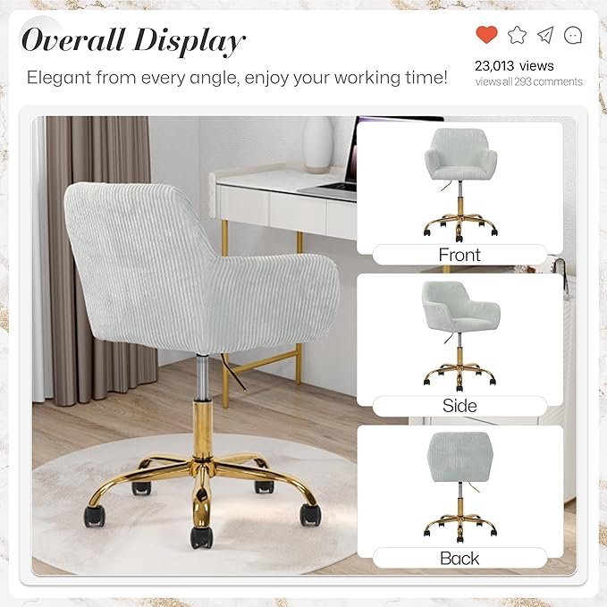 Faux Fur 360°Swivel Desk Chair, Height Adjustable Home Office Armchair with Golden Base for Teens Women Girls, Corduroy & Light Blue