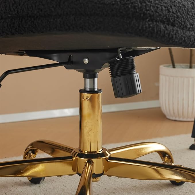VINGLI Wide Criss Cross Legged Office Chair,Buttprint Ergonomic Desk Chair Comfy with Pillow&Gold Base,Dual-Use with/no Wheels,Adjustable Vanity Swivel Chair for Bedroom,Home Office,Teddy Fleece,Black