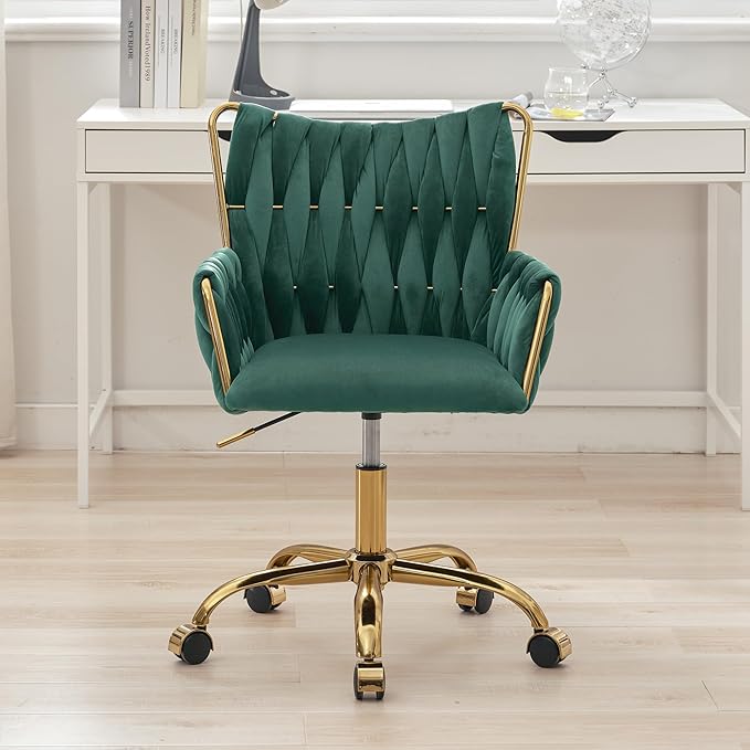 ABET Velvet Desk Chair with Wheels, Cute Upholstered Swivel Office Chair, Modern Gold Rolling Hand Woven Height Adjustable Armchair for Women Girls Home Makeup, Vanity, Nail Salon, Dark Green