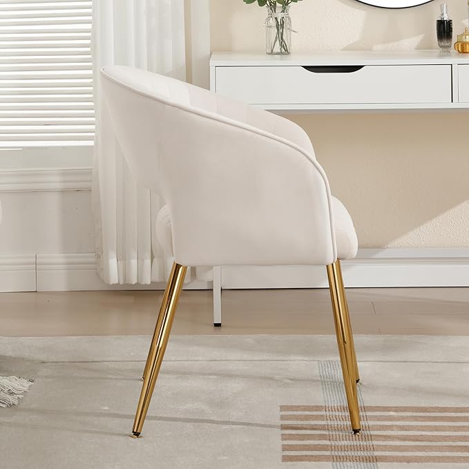 ABET Desk Chair with No Wheels, Velvet Home Office Armchair Gold Legs, Upholstered Modern Accent Chairs, Side Chair for Living Room Bedroom Vanity, Off-White Cream