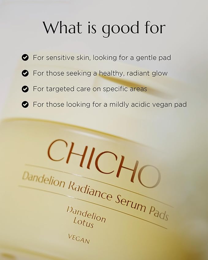 CHICHO Dandelion Radiance Serum Pads (90 Pads) – Jumbo 8cm Quick Mask Toner Pads – 80.2% Dandelion Biome + Lotus, Vegan pH 5.2, Sensitive Skin