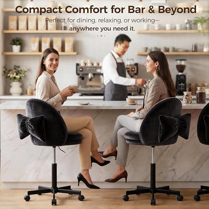GTPOFFICE Vanity Chair with Back, Adjustable Tall Office Chair High Swivel Bar Stools Fluffy Cute Desk Chair Comfy with Wheels Bow Pillow Armlees for Adults Standing Desk Bar, Soft Velvet, Black