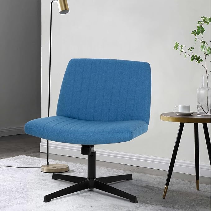 PayLessHere | Criss Cross Chair | Blue | Wide, Armless Desk Chair Without Wheels | 360 Swivel, Height Adjustable & Stable Metal Base | for Office, Home Office, Vanity Seating