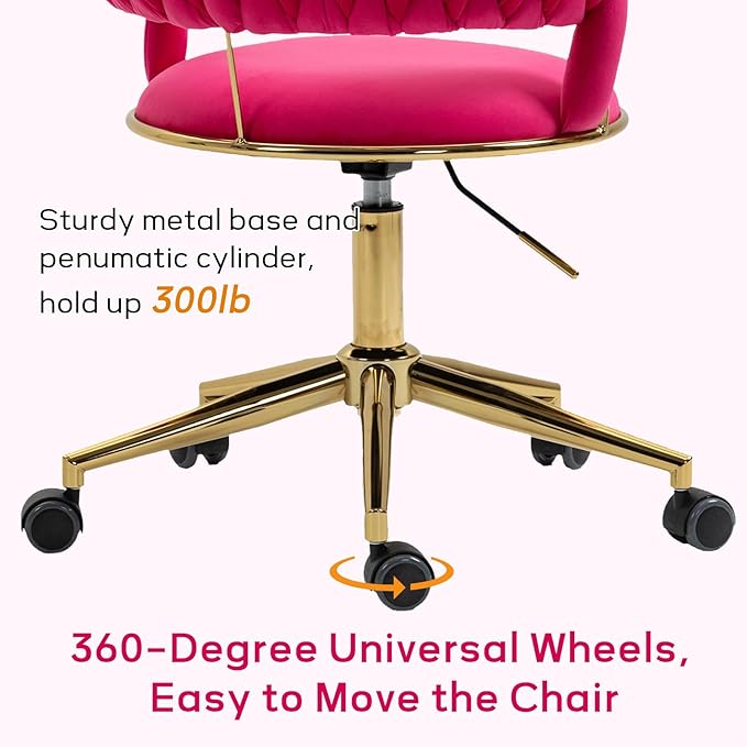 NIOIIKIT Velvet Office Desk Chair with Hand Woven Backrest, 360° Swivel & Height Adjustable Task Chairs, Makeup Chair, Computer Chair with Stainless Base and 5 Wheels (Rose Red)