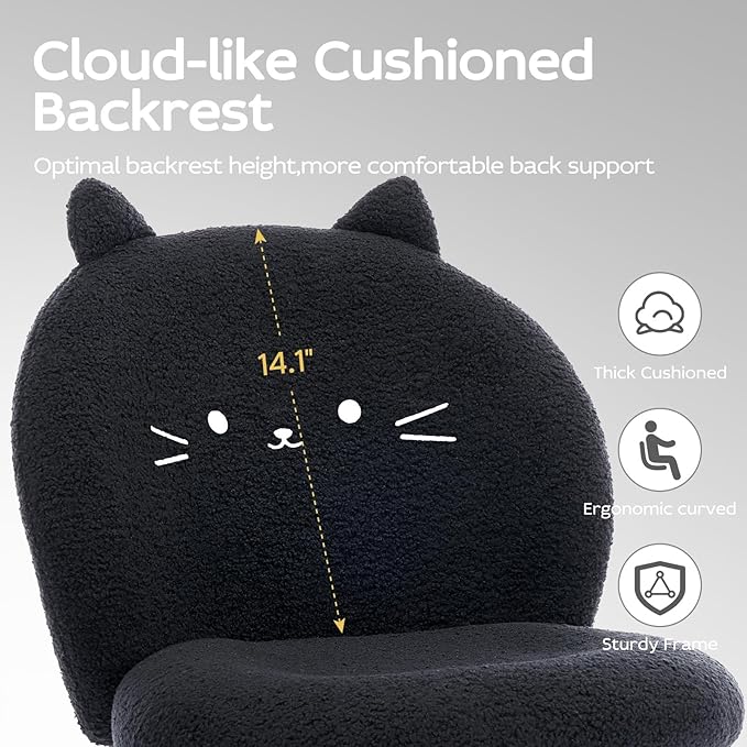 Vanity Chair with Cat Back,Armless Desk Chair Cute Small Office Chair,Teddy Fabric Computer Chair with Adjustable Height,120°Tilting,Rolling,Swivel for Vanity,Kids Room,Office,Bedroom Black