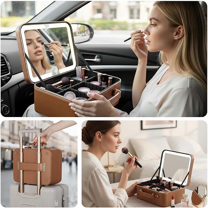 Prite Makeup Bag With LED Mirror 3 Light Modes Adjustable Brightness, Travel Cosmetic Train Case with Adjustable Dividers & Brush Holder, Portable Makeup Artist Organizer Bag for Women(Brown)