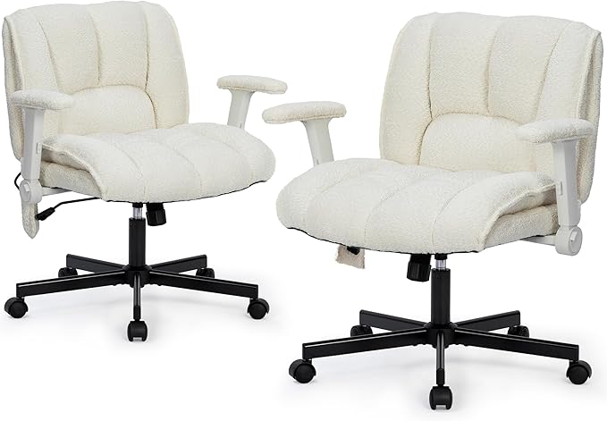 Criss Cross Legged Office Chair with Flip-Up Arms and Wheels, Wide Seat Desk Chair with Built-In Dynamic Airbag Lumbar Support, Modern Cross-Leg Chair for Home Office, Apartment, Vanity, Beige