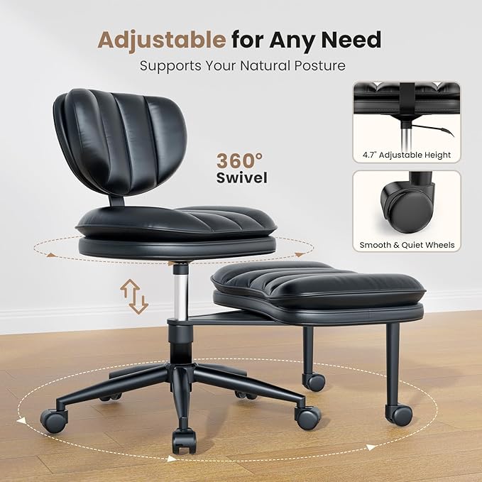 Cross Legged Office Chair, Ergonomic Cloud Criss Cross Desk Chair, Meditation Chair with Wheels, Height Adjustable Seat for ADHD, Wide Kneeling Chair with Back Support, Matte Black