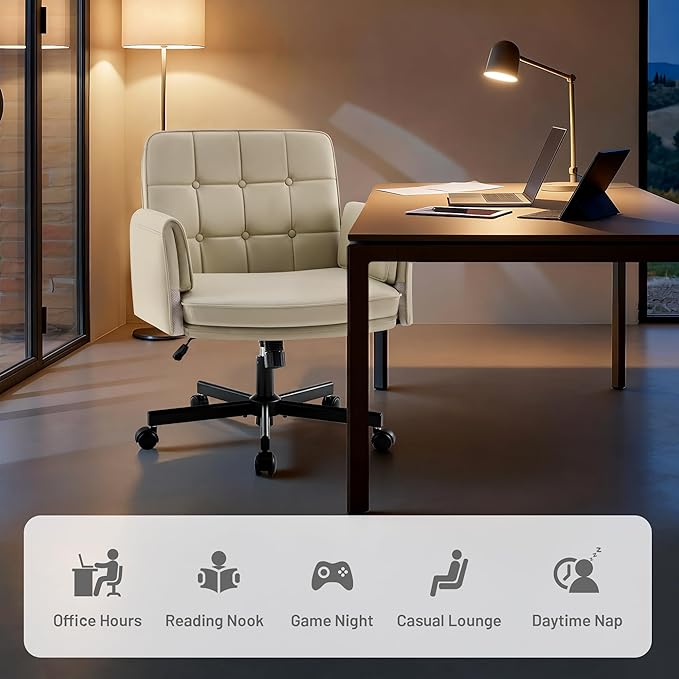 Criss Cross Chair with Wheels - PU Leather Comfy Wide Seat Criss Cross Desk Office Chair with Armrests - Comfortable Swivel Rolling Tilting Vanity Chair with Back for Home Office Makeup Bedroom