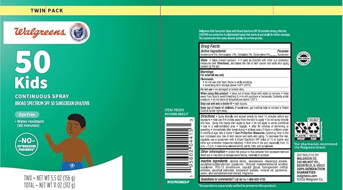 Walgreens SPF 50 Kids Continuous Spray Sunscreen 5.5oz (156g) Twin Pack