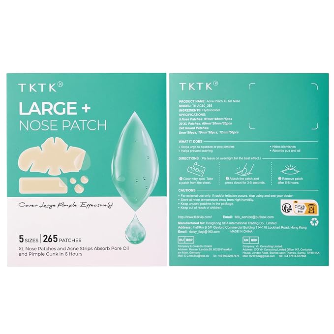 TKTK Hydrocolloid Nose Patches, XL Nose Pore Strips 91 x 48 mm, Large Hydrocolloid Acne Pimple Patches for Face, Cover Zit Blemishes & Absorb Oil (Nose Contoured, Strip, Dots 5 Sizes 265 Count)