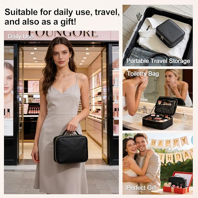 Travel Makeup Bag with Brush Holder, Professional Cosmetic Train Case Organizer for Women, Portable Travel Makeup Brush Carry Case Cosmetic Artist Storage Box with Adjustable Dividers, Leather Black