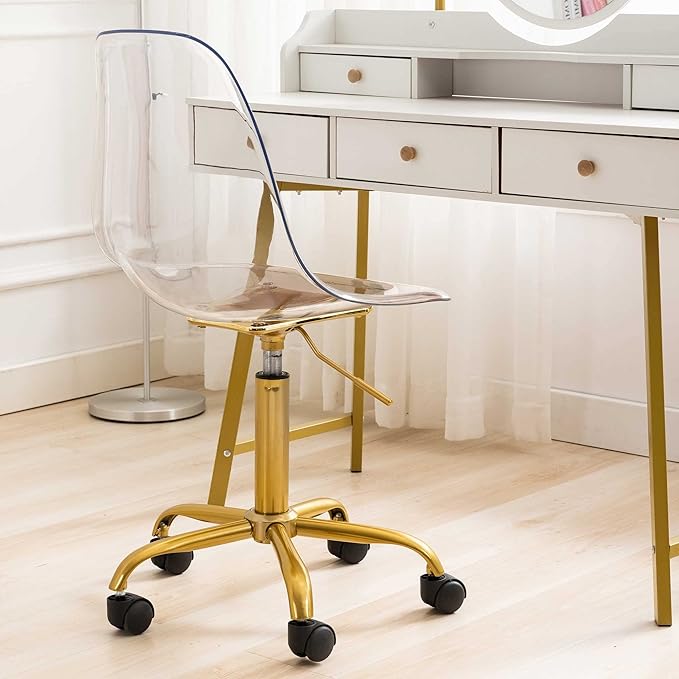 HOMEFUN Clear Desk Chair, Acrylic Rolling Armless Vanity Swivel Height Adjustable Ghost Molded Plastic Home Office Chairs with Golden Feet