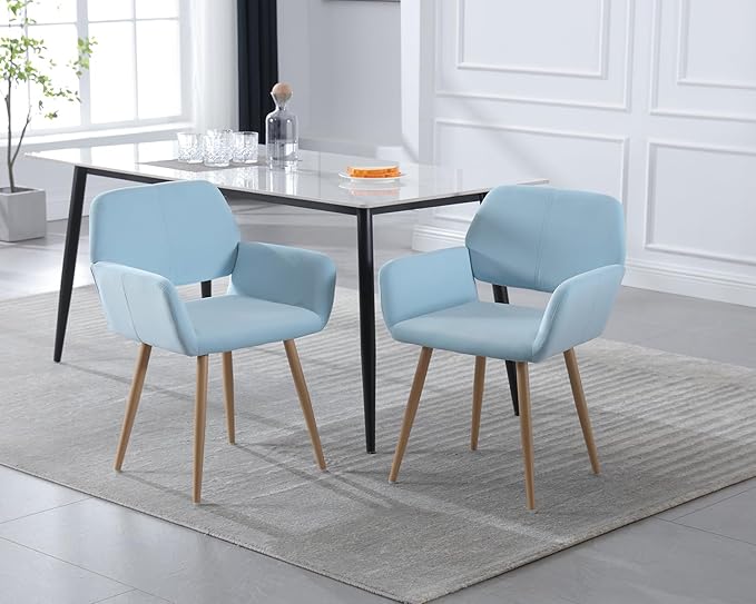 KCC Small Modern Dining Room Arm Chairs Set of 2, Mid-Century Upholstered Velvet Side Seat Club Guest with Metal Tube Legs for Kitchen, Living Room, Blue