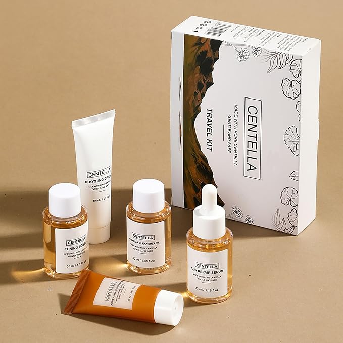 Centella Travel Kit, Toner, Sun Repair Serum, Soothing Cream, Cleansing Oil, Acne Cleansing Foam, Basic Mini Size Skin Care Kit Box & Gift Set for Women, Stocking Stuffers
