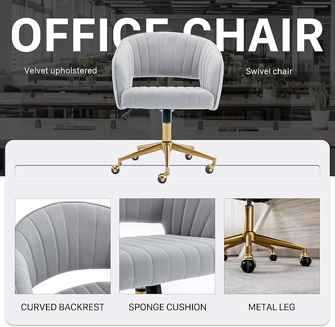 Home Office Chair Swivel Velvet Desk Chair Accent Armchair Upholstered Modern Tufted Chairs with Gold Base for Girls Women Ergonomic Study Seat Computer Task Stools for Living Room(Light Gray)