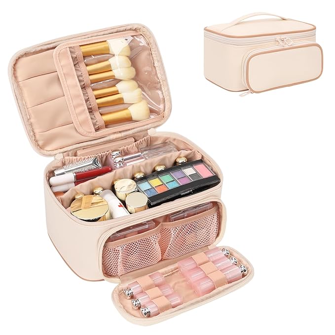 OCHEAL Makeup Bag, Multifunctional Large Compact Organizer Cosmetics Toiletry Brushes Storage Case for Women Girls with Handle Divider - Beige
