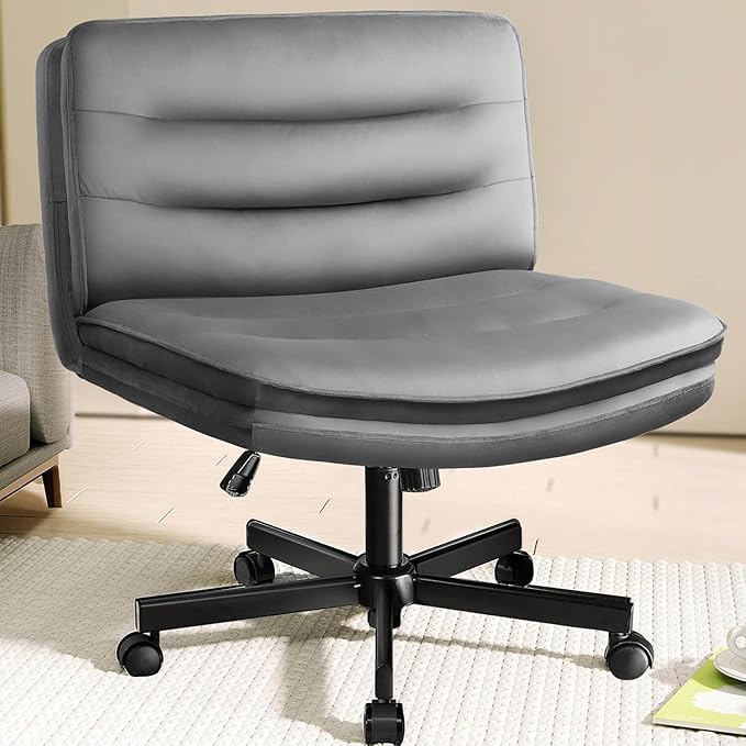 COMHOMA Cross Legged Office Chair with Wheels Armless-Office Desk Chair, Modern Vanity Computer Task Chairs for Home Bedroom, Comfortable Wide Seat for Lower Back Pain Relief, Soft Velvet, Gray