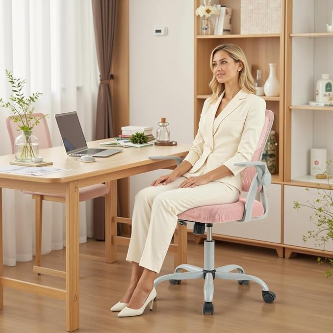 DUMOS Home Office Computer Chair - Ergonomic Mid Back Desk with Lumbar Support and Rocking Mode, Height Adjustable with Flip-up Armrest, for Conference Meeting Room, 360° Swivel, Adults, Pink