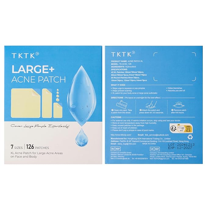 TKTK Large Pimple Patches for Face, 7 Sizes XL Acne Patches, Big Hydrocolloid Bandages for Body, Chin, Forehead, Chest, Back Zit Breakouts, Hydrocolloid Patch (Strip, Square, Dot 126 Count)