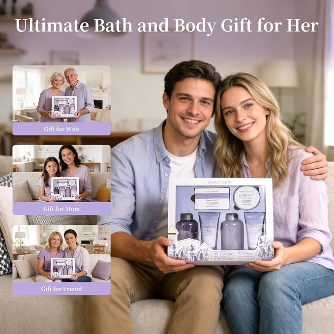 BODY & EARTH Bath and Body Gift Set - 6 Pcs Lavender Bath Kit for Women Spa Set, Perfect Birthday, Mother's Day Gift Set for Women Includes Bubble Bath, Shower Gel, Body Lotion